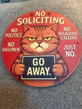 No Soliciting Cat Sign - Red "Go Away" Door Plaque